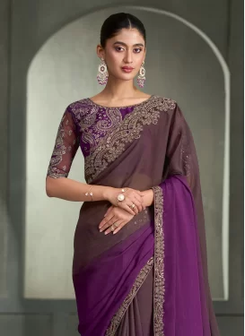 Chiffon Traditional Saree with Embroidered Work in Purple and Wine