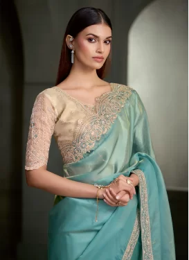 Embroidered Work Tissue Trendy Saree in Turquoise for Festival