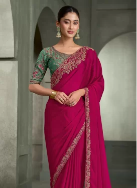 Chiffon Satin Trendy Saree with Embroidered Work for Women in Fuchsia