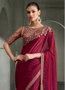 Satin Silk Trendy Saree in Crimson with Embroidered Work for Party
