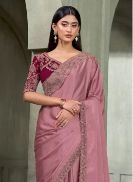 Satin Georgette Trendy Saree with Embroidered Work for Women in Pink