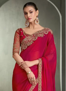 Embroidered Work Chiffon Trendy Saree in Red and Rose Pink for Festival