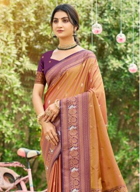 Orange and Purple Silk Blend Woven Work Traditional Saree for Women