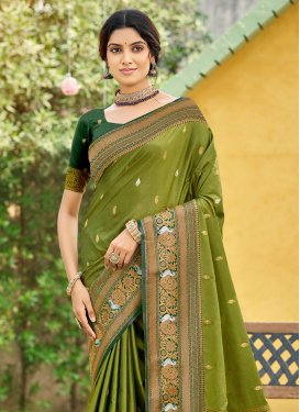Woven Work Traditional Saree For Party in Olive