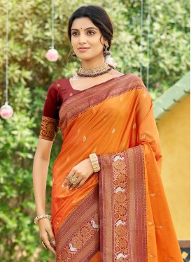 Silk Blend Trendy Saree with Woven Work for Party in Orange