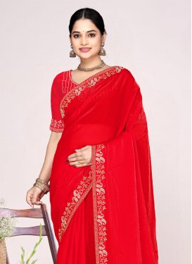 Satin Silk Classic Saree with Swarovski Work in Tomato