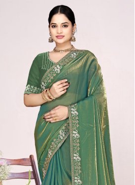 Swarovski Work Satin Silk Traditional Saree in Olive for Festival