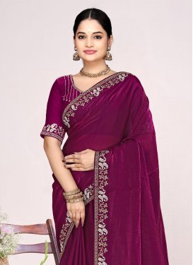 Swarovski Work Satin Silk Traditional Saree in Fuchsia for Festival