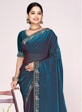 Satin Silk Swarovski Work Traditional Saree in Teal