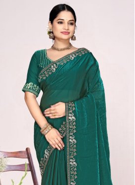 Satin Silk Trendy Saree with Swarovski Work for Festival in Green
