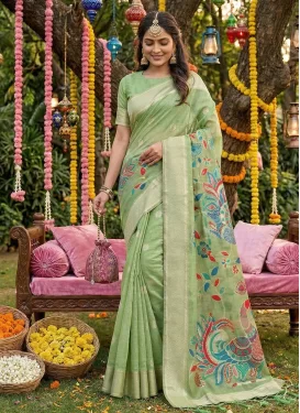 Cotton Silk Trendy Saree with Woven Work in Mint Green