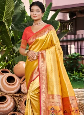 Kanjivaram Silk Classic Saree with Woven Work in Mustard and Rose Pink