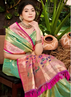 Kanjivaram Silk Classic Saree with Woven Work in Rose Pink and Turquoise