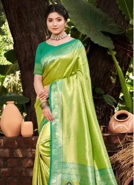 Green and Mint Green Kanjivaram Silk Traditional Saree with Woven Work for Festival