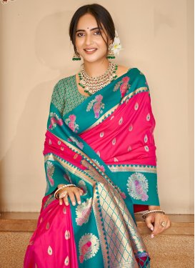 Silk Blend Classic Saree in Rose Pink and Teal with Woven Work for Festival