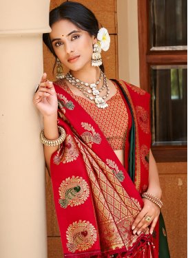 Bottle Green and Red Silk Blend Woven Work Classic Saree for Women