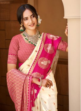 Cream and Rose Pink Silk Blend Woven Work Classic Saree for Women