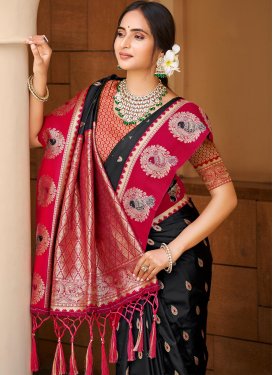 Silk Blend Traditional Saree in Black and Red with Woven Work for Women