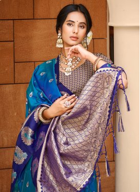 Woven Work Silk Blend Traditional Saree in Blue and Navy Blue for Festival