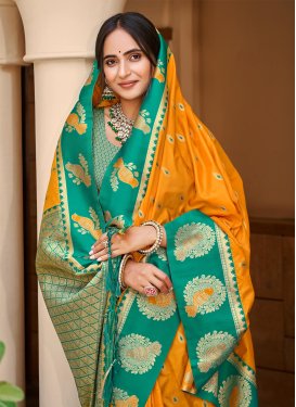Silk Blend Traditional Saree with Woven Work for Ceremonial in Mustard and Sea Green