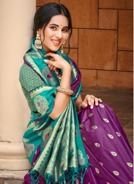 Silk Blend Woven Work Trendy Saree in Purple and Teal