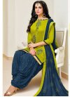 Navy Blue and Olive Cotton Trendy Semi Patiala Suit - 1