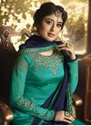 Embroidered Work Faux Georgette Navy Blue and Turquoise Sharara Salwar Suit - 1
