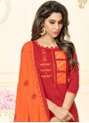 Orange and Red Embroidered Work Trendy Churidar Suit - 1