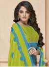 Light Blue and Olive Cotton Silk Trendy Churidar Suit - 1