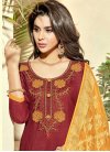 Crimson and Mustard Embroidered Work Cotton Silk Trendy Churidar Salwar Kameez - 1