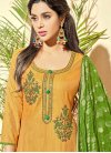 Cotton Silk Gold and Green Embroidered Work Pant Style Salwar Kameez - 1