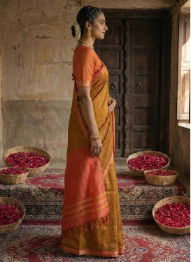 Cotton Classic Saree with Woven Work for Women in Orange and Salmon