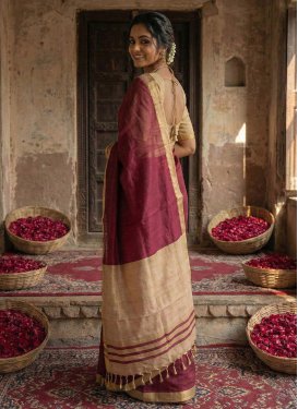 Woven Work Cotton Classic Saree in Beige and Maroon for Women
