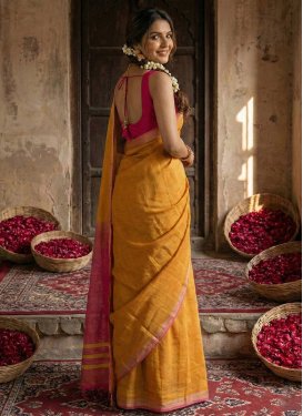 Woven Work Cotton Traditional Saree in Hot Pink and Mustard for Women