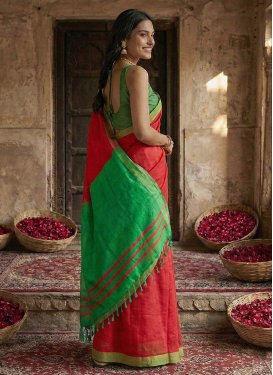 Cotton Woven Work Traditional Saree in Mint Green and Red