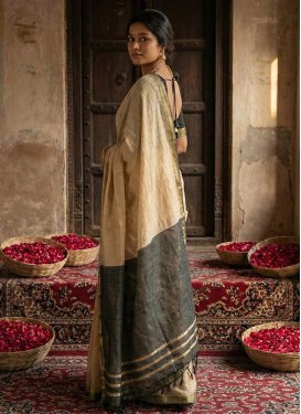 Woven Work Cotton Traditional Saree in Beige and Black for Women