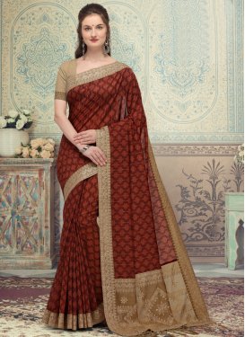 Abstract Print Work Beige and Maroon Designer Contemporary Style Saree