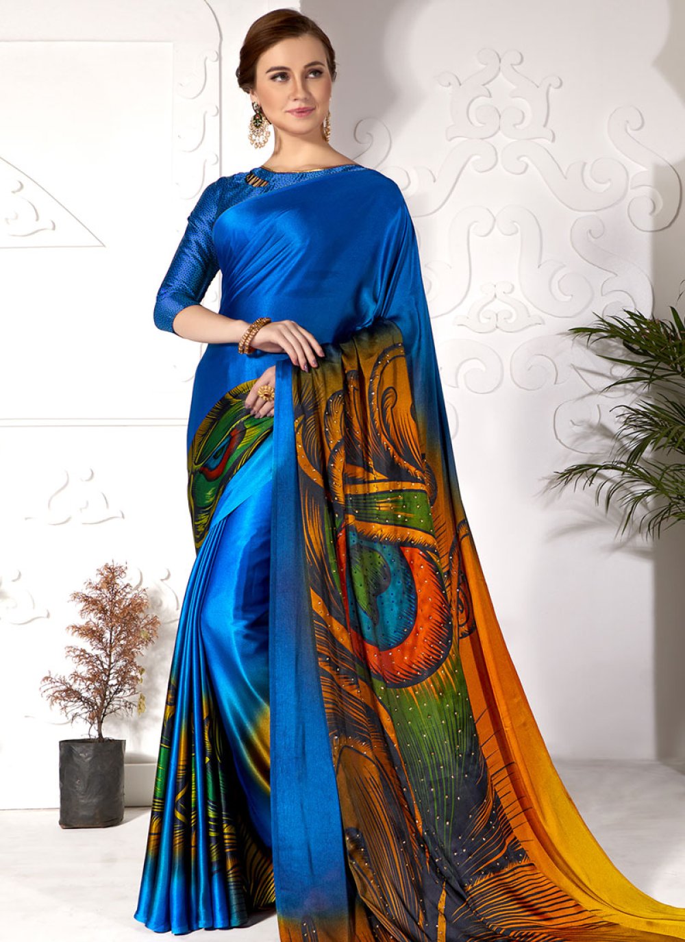 Abstract Print Work Satin Blue and Orange Trendy Classic Saree