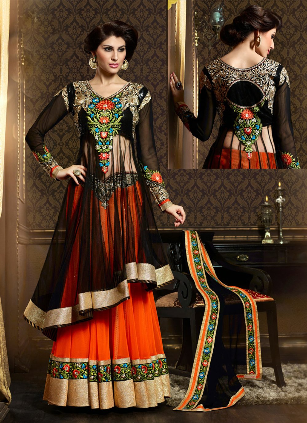 Black chiffon saree with contrasting orange border