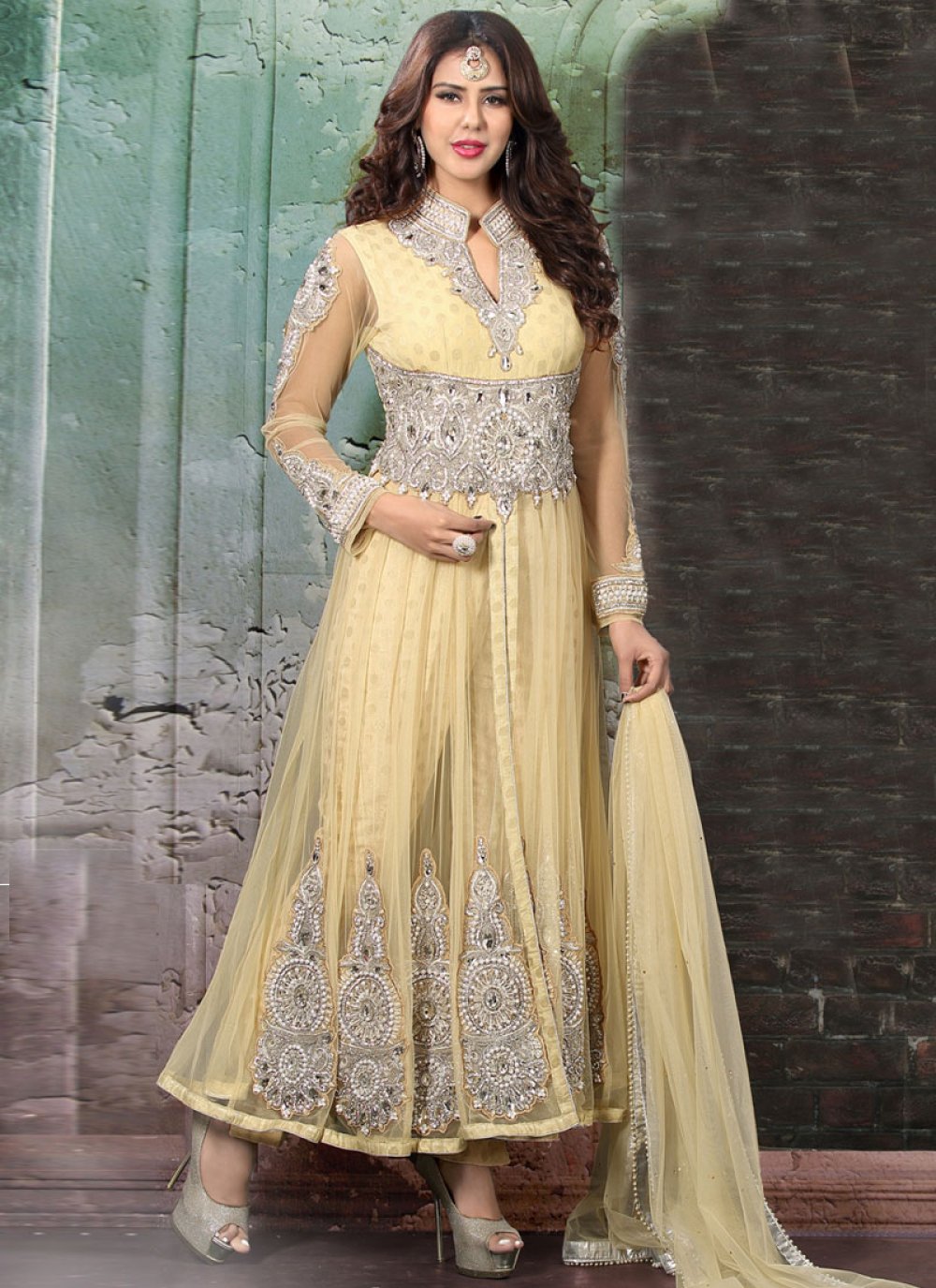 Shop Chic Lace Work Net And Silk Readymade Wedding Salwar Suit Online