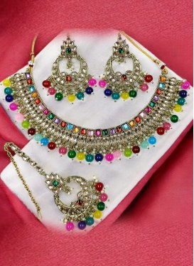 Alloy Gold Rodium Polish Beads Work Multi Colour Necklace Set