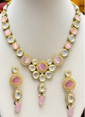 Alloy Gold Rodium Polish Beads Work Pink and White Necklace Set