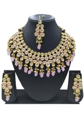 Alloy Gold Rodium Polish Mauve and White Beads Work Necklace Set