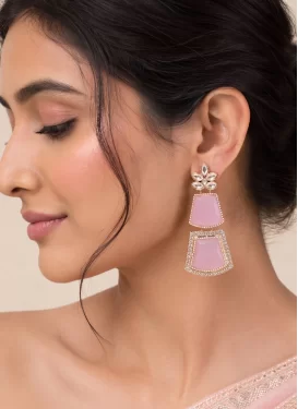 Alloy Gold Rodium Polish Stone Work Pink and White Earrings