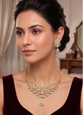Alloy Gold Rodium Polish Stone Work Pink and White Necklace Set