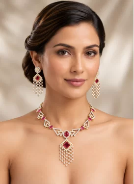 Alloy Stone Work Red and White Gold Rodium Polish Necklace Set