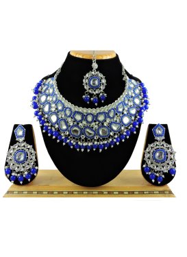 Alluring Alloy Beads Work Blue and White Necklace Set