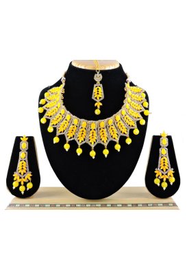 Alluring Alloy Beads Work Mustard and White Necklace Set