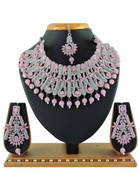 Alluring Alloy Beads Work Pink and White Necklace Set