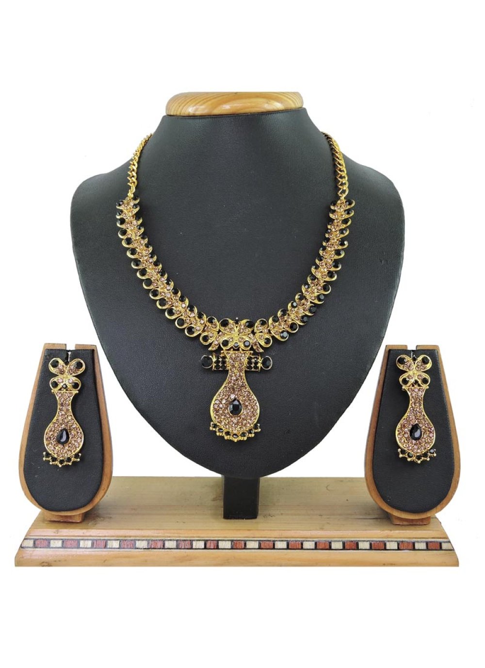 Alluring Alloy Gold Rodium Polish Black and Gold Beads Work Necklace Set